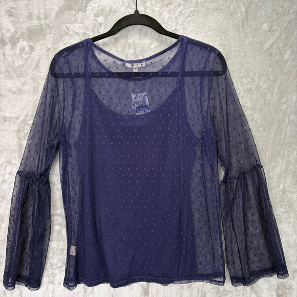 Navy Sheer Polka Dot Bell Sleeve Blouse Sz L Romantic‎ Whimsigoth Dainty - Picture 3 of 12